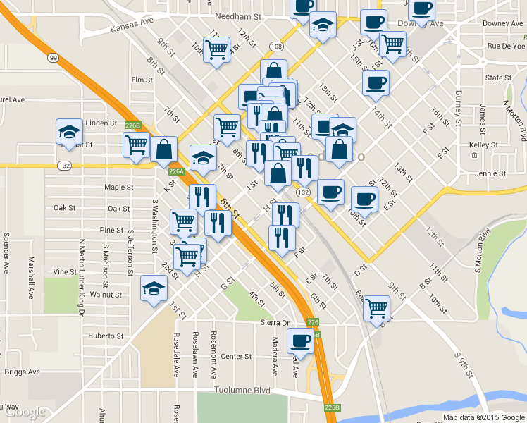 map of restaurants, bars, coffee shops, grocery stores, and more near 7th Street in Modesto