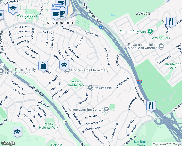 map of restaurants, bars, coffee shops, grocery stores, and more near 2840 Shannon Drive in South San Francisco