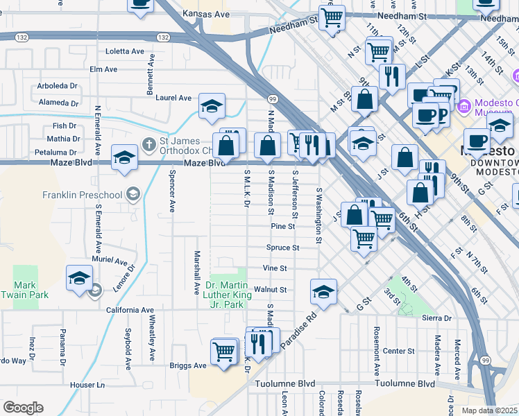 map of restaurants, bars, coffee shops, grocery stores, and more near 313 Oak Street in Modesto