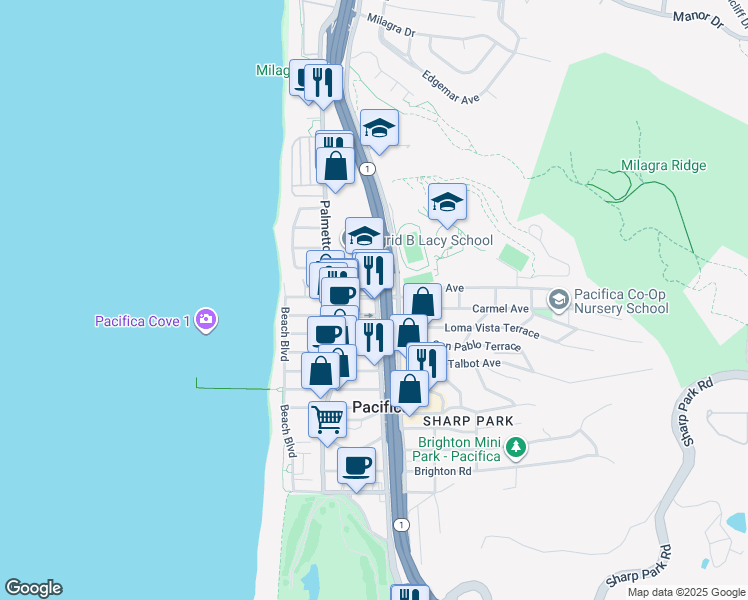 map of restaurants, bars, coffee shops, grocery stores, and more near 1600 Francisco Boulevard in Pacifica
