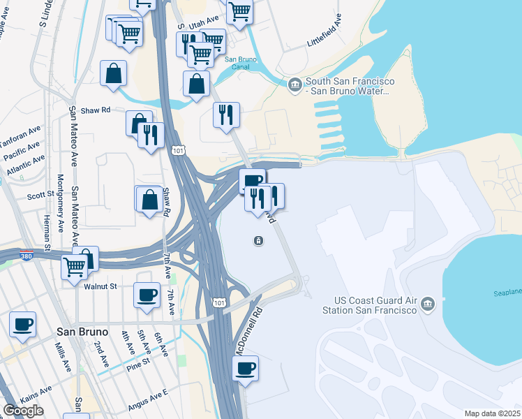 map of restaurants, bars, coffee shops, grocery stores, and more near 806 South Airport Boulevard in San Francisco