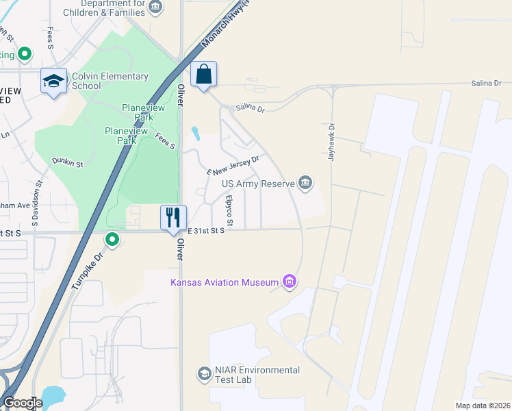 map of restaurants, bars, coffee shops, grocery stores, and more near 3145 South Bunker Hill in Wichita