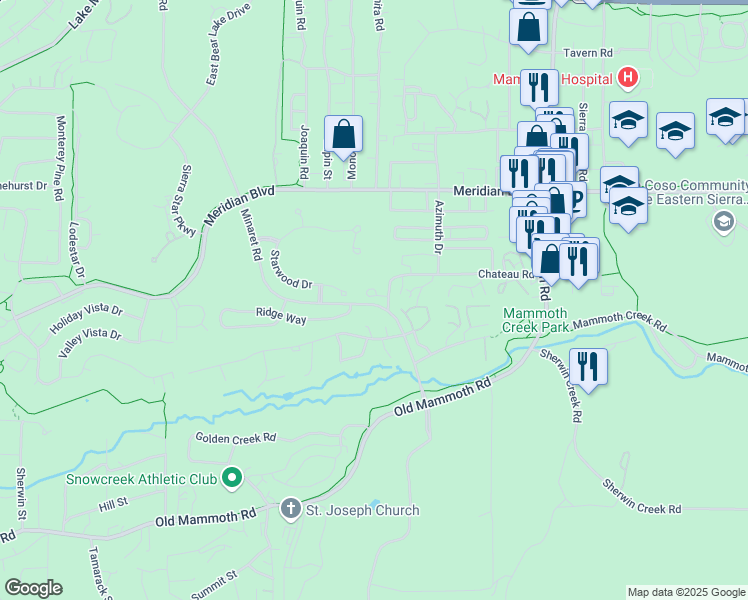 map of restaurants, bars, coffee shops, grocery stores, and more near 3600 Chateau Road in Mammoth Lakes