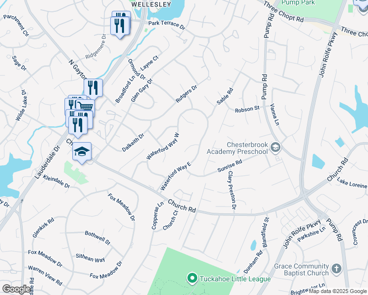 map of restaurants, bars, coffee shops, grocery stores, and more near 12110 Waterford Way East Court in Richmond