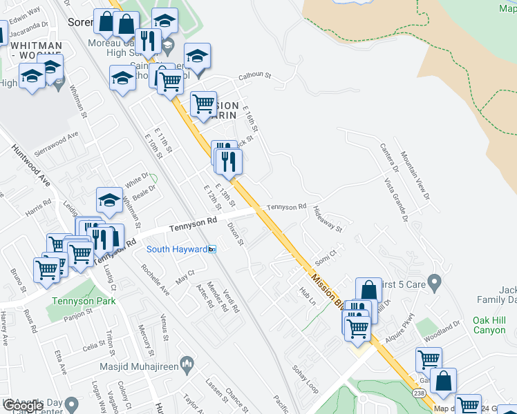 map of restaurants, bars, coffee shops, grocery stores, and more near Mission Blvd & Tennyson Pl in Hayward