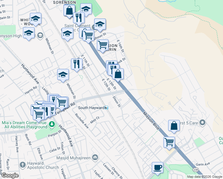 map of restaurants, bars, coffee shops, grocery stores, and more near 28472 East 12th Street in Hayward