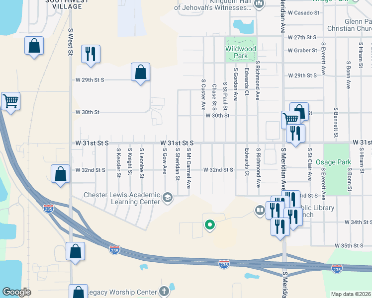 map of restaurants, bars, coffee shops, grocery stores, and more near 3209 South Mount Carmel Avenue in Wichita