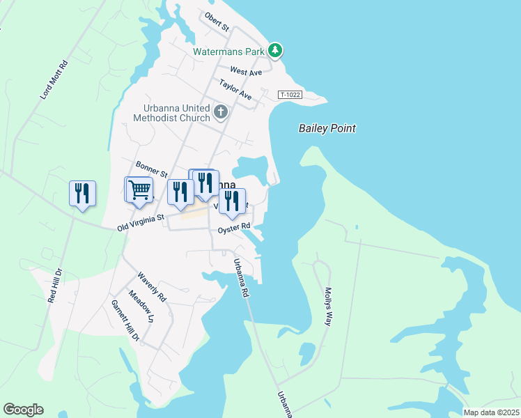 map of restaurants, bars, coffee shops, grocery stores, and more near 26 Oyster Road in Urbanna