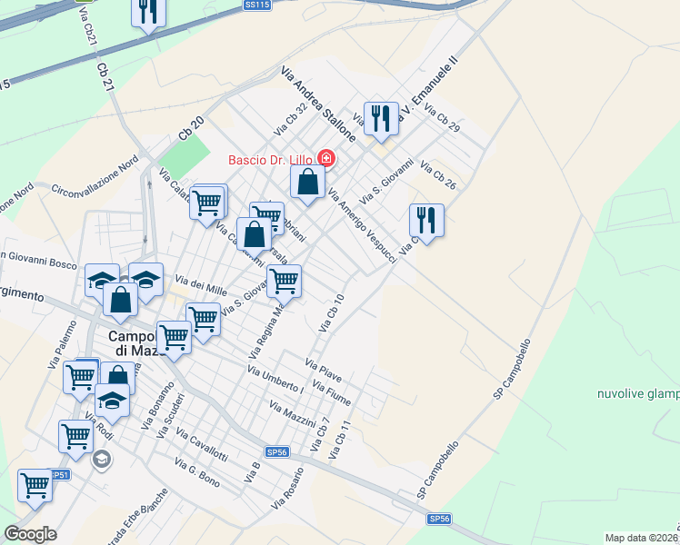 map of restaurants, bars, coffee shops, grocery stores, and more near 12 Via Macalle' in Campobello di Mazara