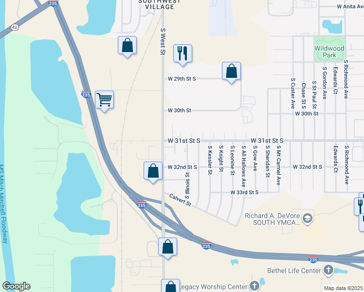 map of restaurants, bars, coffee shops, grocery stores, and more near 3209 South Illinois Street in Wichita