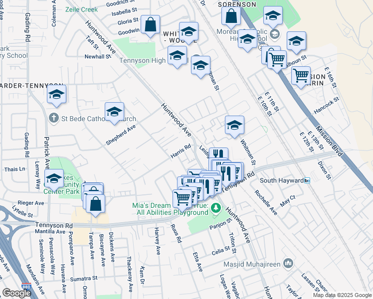 map of restaurants, bars, coffee shops, grocery stores, and more near 320 Harris Road in Hayward