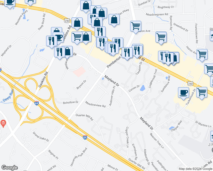 map of restaurants, bars, coffee shops, grocery stores, and more near 3406 Bartley Pond Place in Richmond