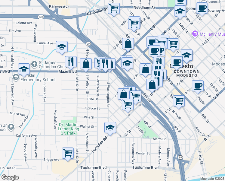 map of restaurants, bars, coffee shops, grocery stores, and more near 1015 4th Street in Modesto