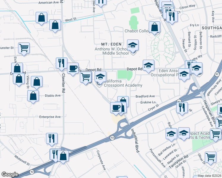 map of restaurants, bars, coffee shops, grocery stores, and more near 25710 Industrial Boulevard in Hayward