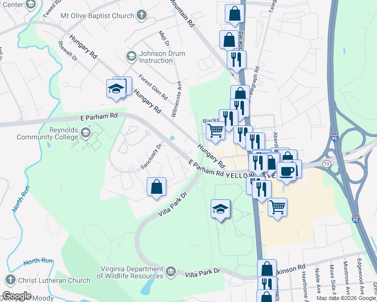 map of restaurants, bars, coffee shops, grocery stores, and more near 1360 East Parham Road in Richmond
