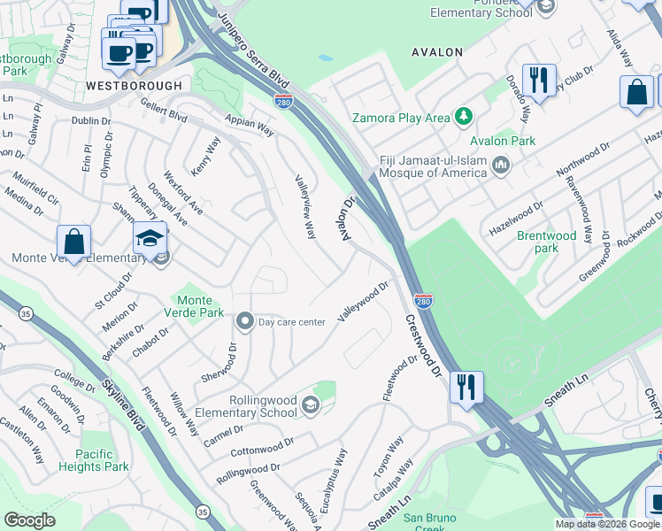 map of restaurants, bars, coffee shops, grocery stores, and more near 178 Valleyview Way in South San Francisco