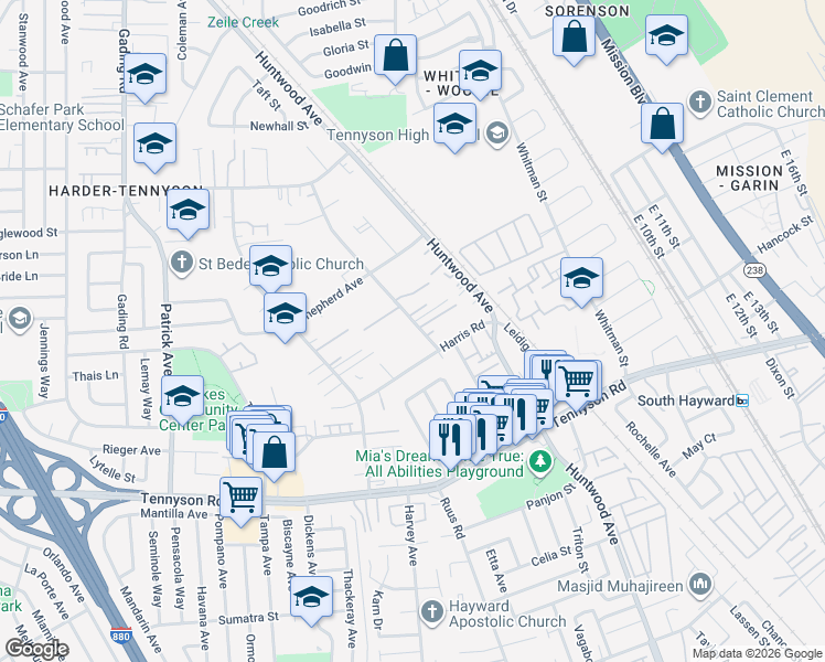 map of restaurants, bars, coffee shops, grocery stores, and more near 27467 Manon Avenue in Hayward