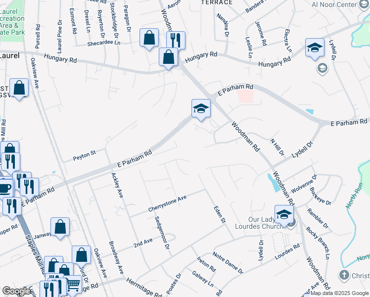 map of restaurants, bars, coffee shops, grocery stores, and more near 2613 Trickling Brook Court in Richmond