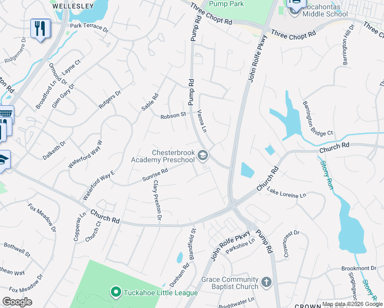 map of restaurants, bars, coffee shops, grocery stores, and more near 11902 Sunrise Road in Henrico