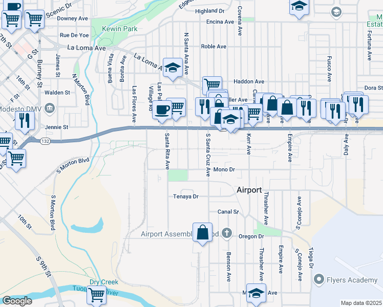 map of restaurants, bars, coffee shops, grocery stores, and more near 210 South Santa Ana Avenue in Modesto