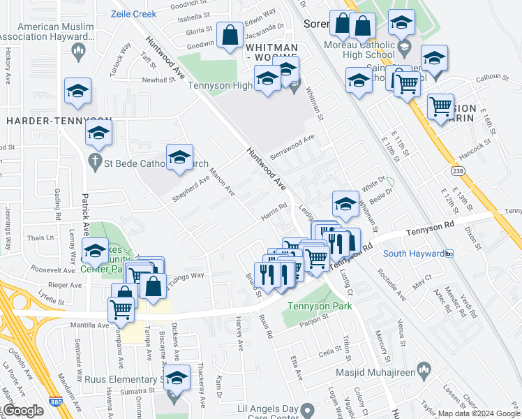 map of restaurants, bars, coffee shops, grocery stores, and more near 353 Harris Road in Hayward