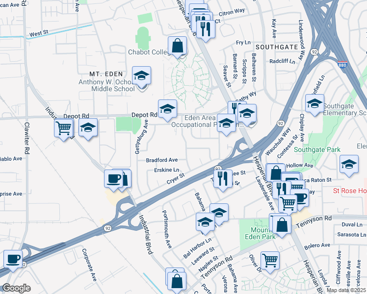 map of restaurants, bars, coffee shops, grocery stores, and more near 26121 Dodge Avenue in Hayward