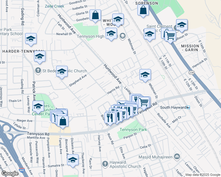 map of restaurants, bars, coffee shops, grocery stores, and more near 357 Harris Road in Hayward