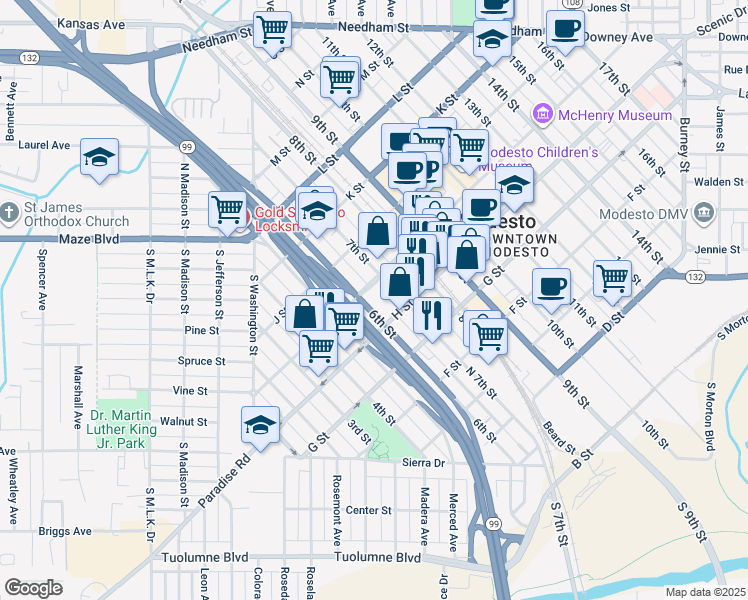 map of restaurants, bars, coffee shops, grocery stores, and more near 832 6th Street in Modesto