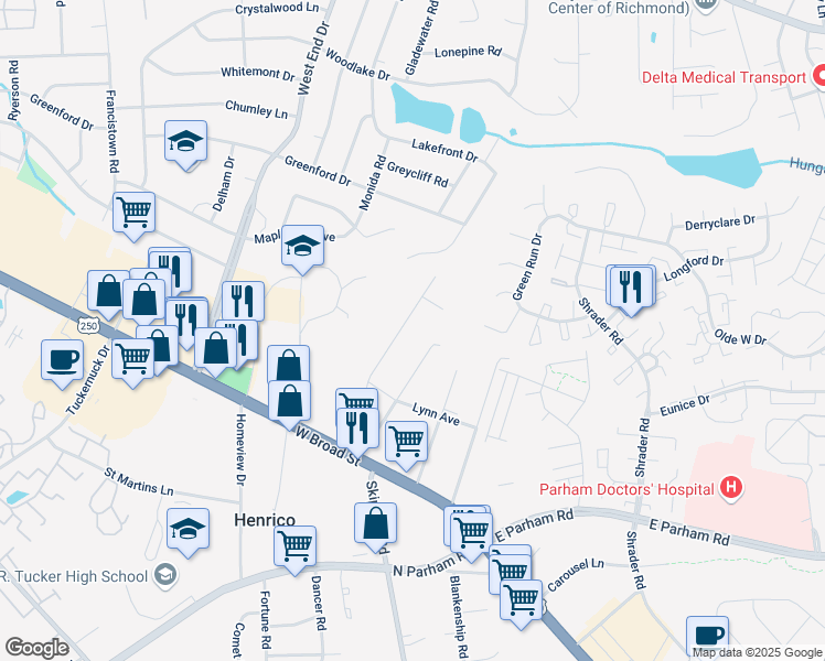 map of restaurants, bars, coffee shops, grocery stores, and more near 2701 Darnell Road in Richmond