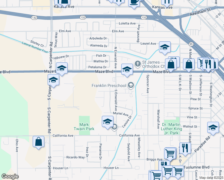 map of restaurants, bars, coffee shops, grocery stores, and more near 1005 Sandburg Avenue in Modesto