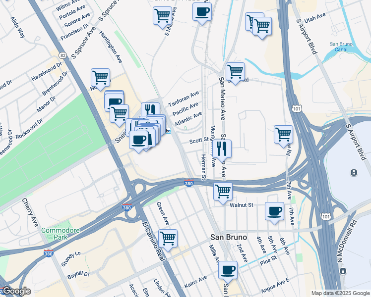 map of restaurants, bars, coffee shops, grocery stores, and more near 1090 Huntington Avenue East in San Bruno