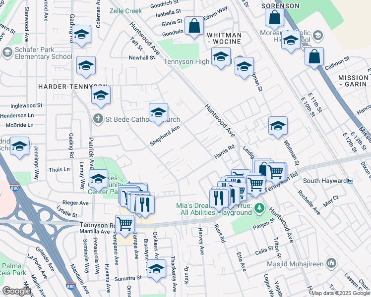 map of restaurants, bars, coffee shops, grocery stores, and more near 27355 Manon Avenue in Hayward