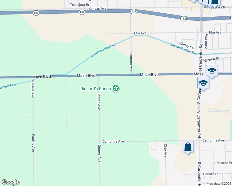 map of restaurants, bars, coffee shops, grocery stores, and more near 300 Grimes Avenue in Modesto