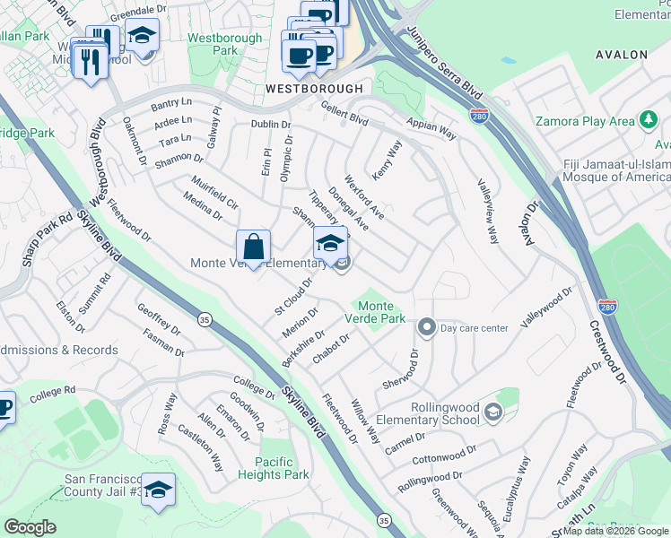 map of restaurants, bars, coffee shops, grocery stores, and more near 2551 Saint Cloud Drive in San Bruno