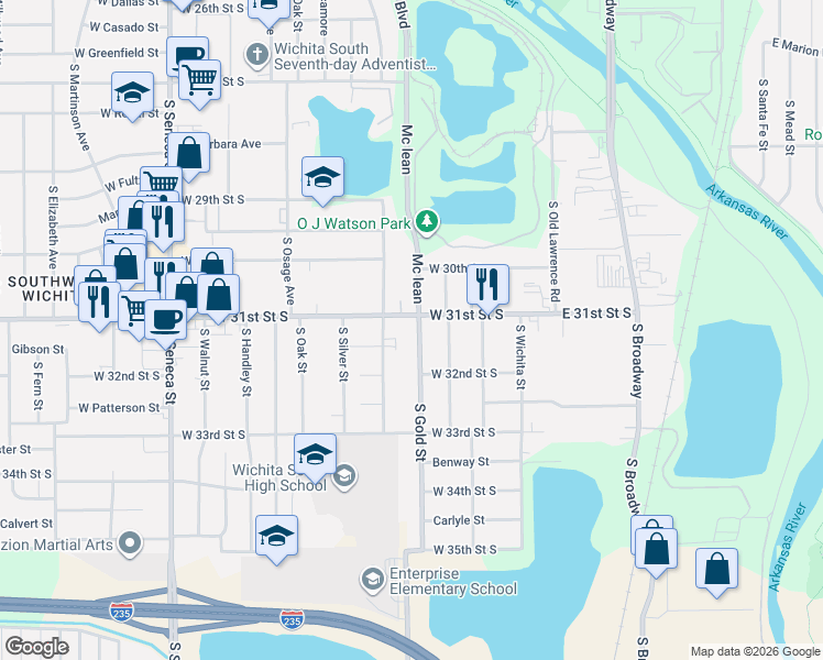 map of restaurants, bars, coffee shops, grocery stores, and more near 3212 South Gold Street in Wichita
