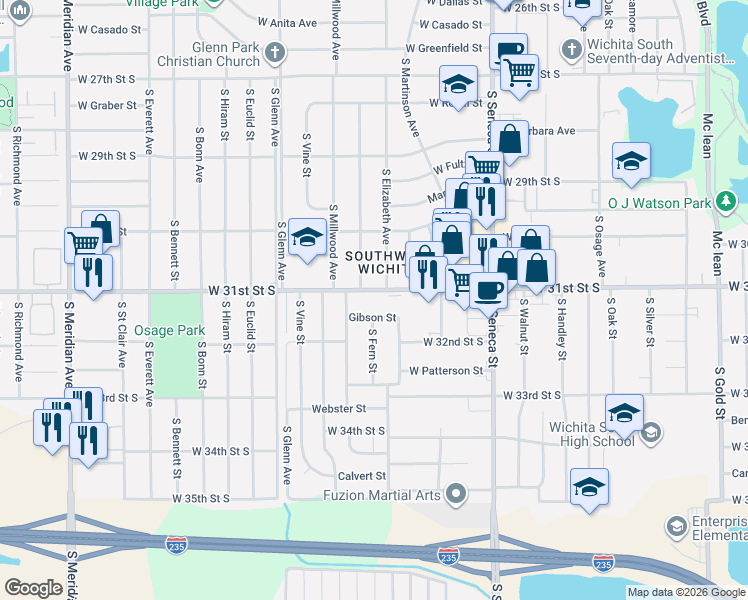 map of restaurants, bars, coffee shops, grocery stores, and more near 1523 West 31st Street South in Wichita