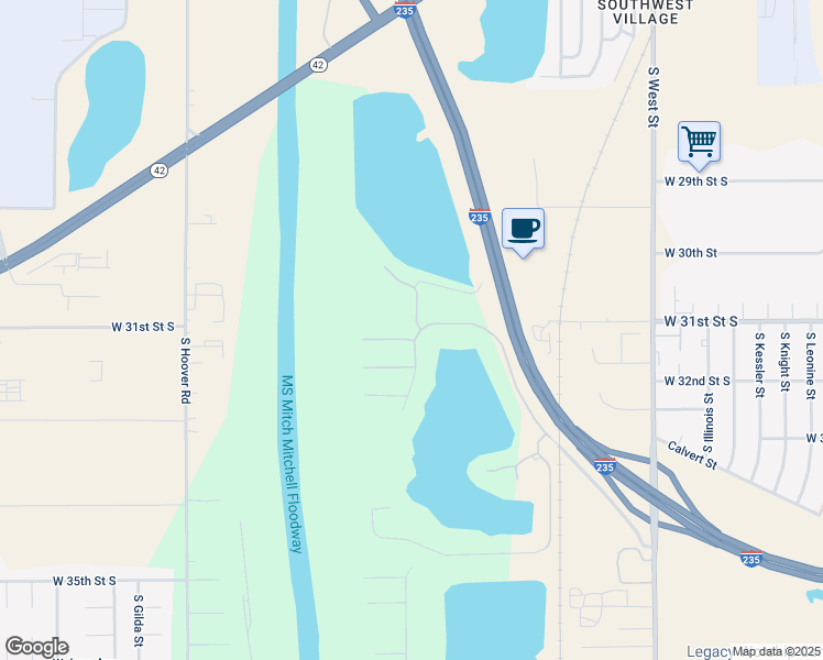 map of restaurants, bars, coffee shops, grocery stores, and more near 4719 W 31st St S in Wichita