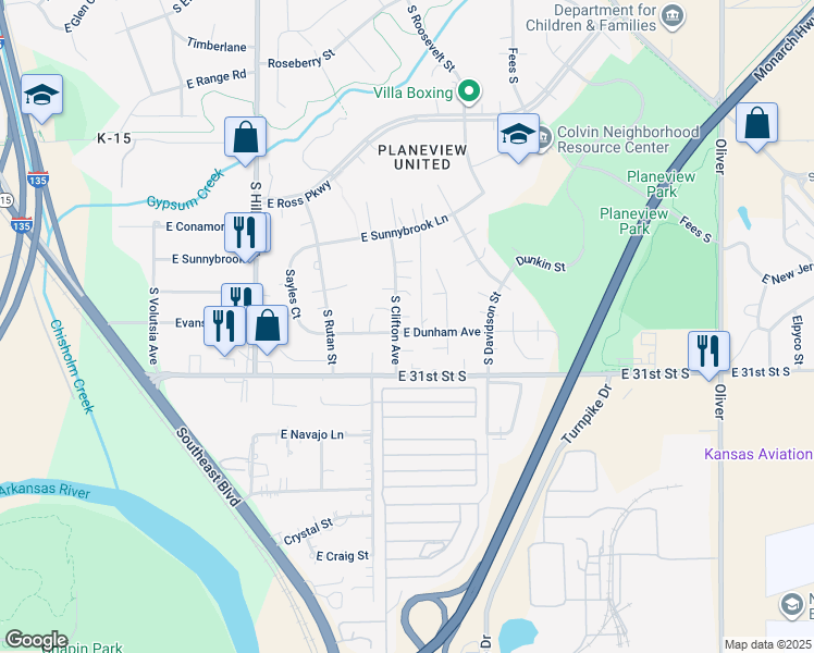 map of restaurants, bars, coffee shops, grocery stores, and more near 3616 East Dunham Street in Wichita