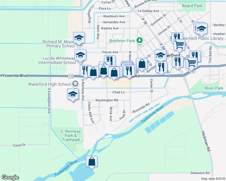 map of restaurants, bars, coffee shops, grocery stores, and more near 12119 Chad Lane in Waterford