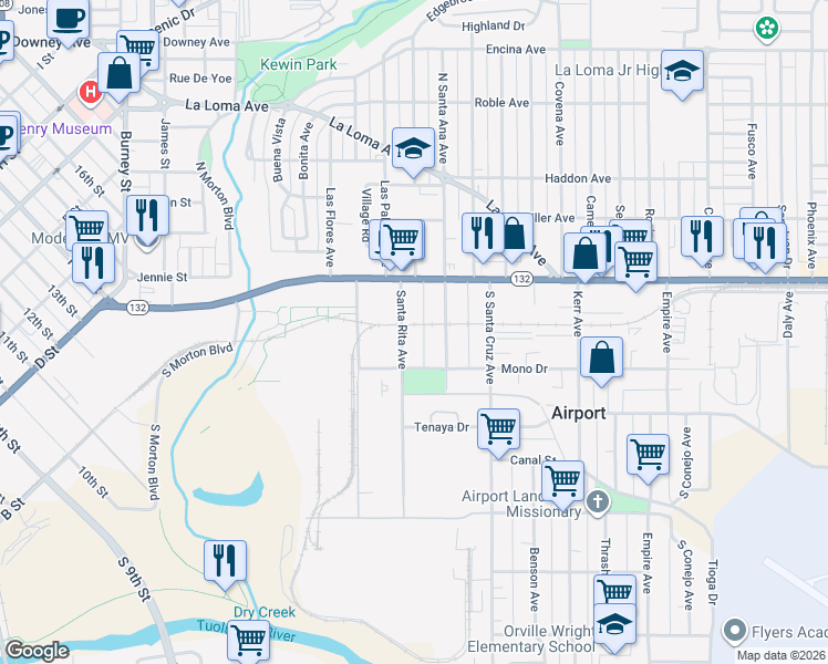 map of restaurants, bars, coffee shops, grocery stores, and more near 230 Santa Rita Avenue in Modesto