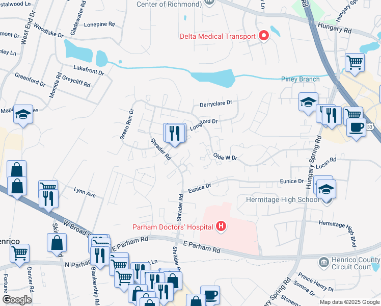 map of restaurants, bars, coffee shops, grocery stores, and more near 8412 O'Connor Court in Richmond
