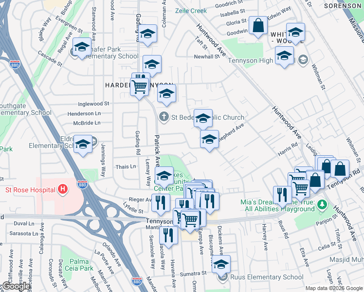 map of restaurants, bars, coffee shops, grocery stores, and more near 834 Westwood Street in Hayward