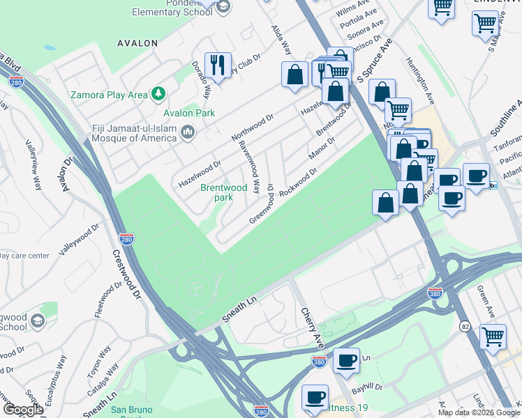 map of restaurants, bars, coffee shops, grocery stores, and more near 47 Greenwood Drive in South San Francisco
