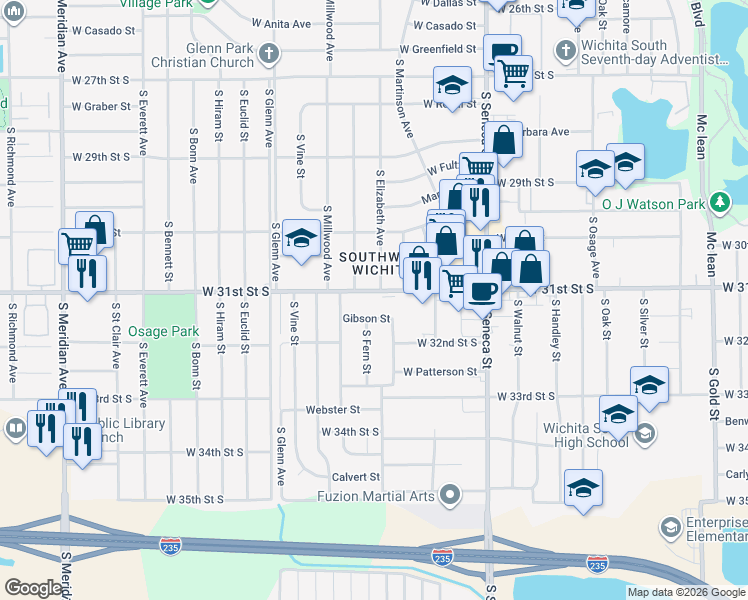 map of restaurants, bars, coffee shops, grocery stores, and more near 1523 W 31st Street South in Wichita