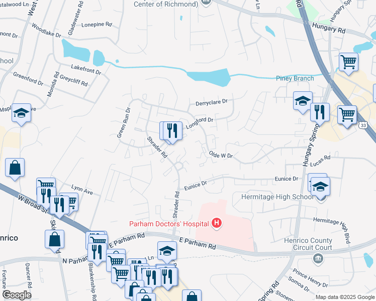 map of restaurants, bars, coffee shops, grocery stores, and more near 8416 O'Connor Court in Henrico