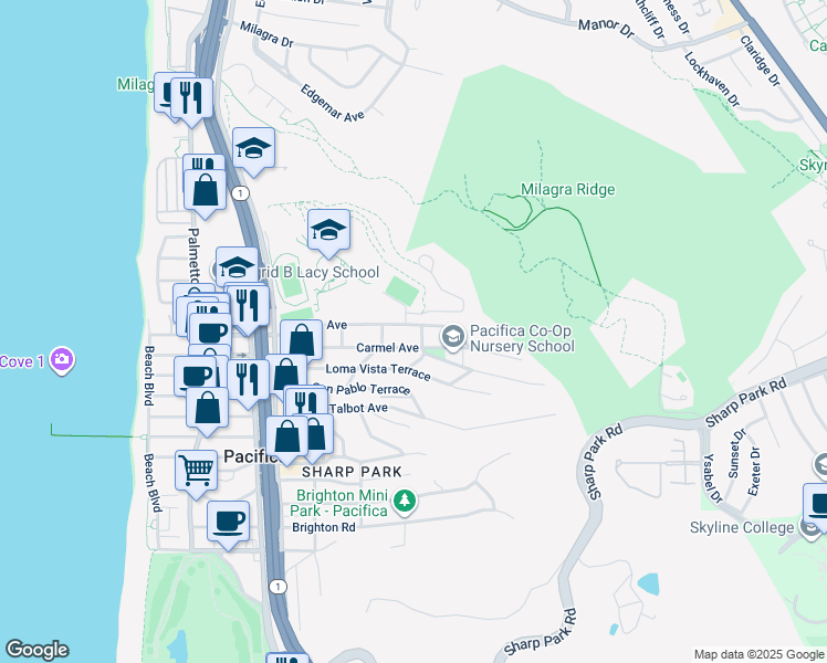 map of restaurants, bars, coffee shops, grocery stores, and more near 478 Paloma Avenue in Pacifica