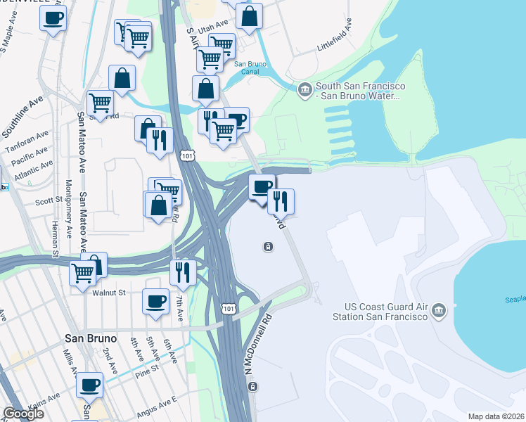 map of restaurants, bars, coffee shops, grocery stores, and more near 780 South Airport Boulevard in San Francisco