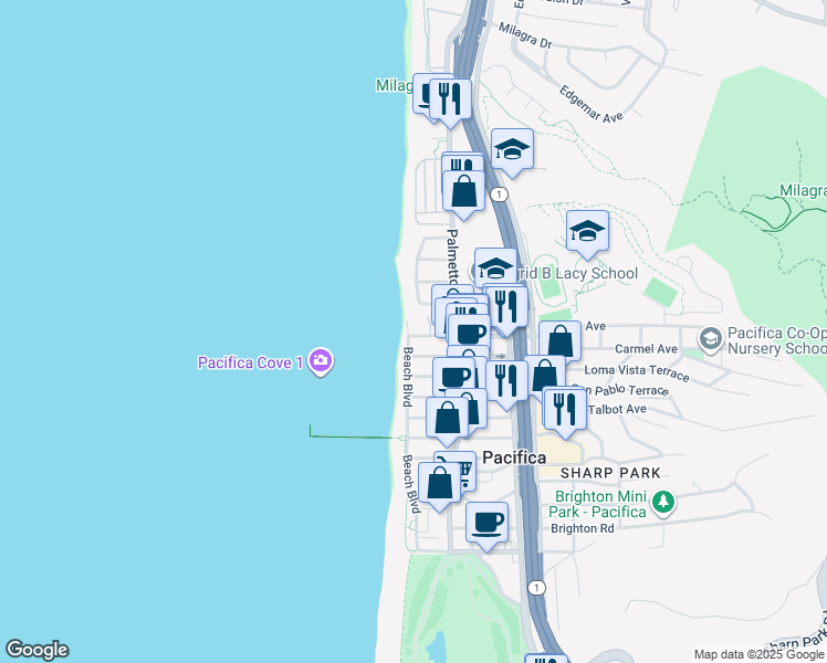 map of restaurants, bars, coffee shops, grocery stores, and more near 1 Paloma Avenue in Pacifica