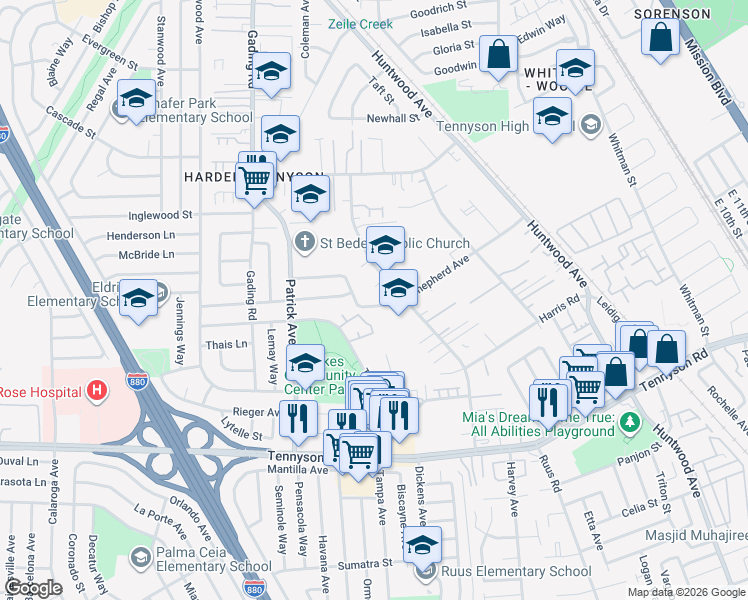 map of restaurants, bars, coffee shops, grocery stores, and more near 761 Shepherd Avenue in Hayward