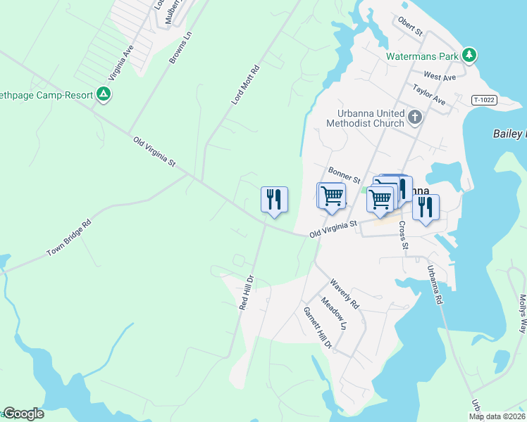 map of restaurants, bars, coffee shops, grocery stores, and more near 5399 Old Virginia Street in Urbanna